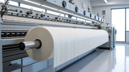 现代化纺织工厂车间，整齐排列的纺织机械，工人穿着工作服操作设备，干净整洁的工业环境